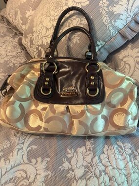 Coach Gold Signature Satchel with Brown Leather Trim